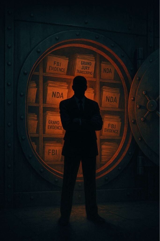 Government vault imagery representing hidden FBI files from Jeffrey Epstein case