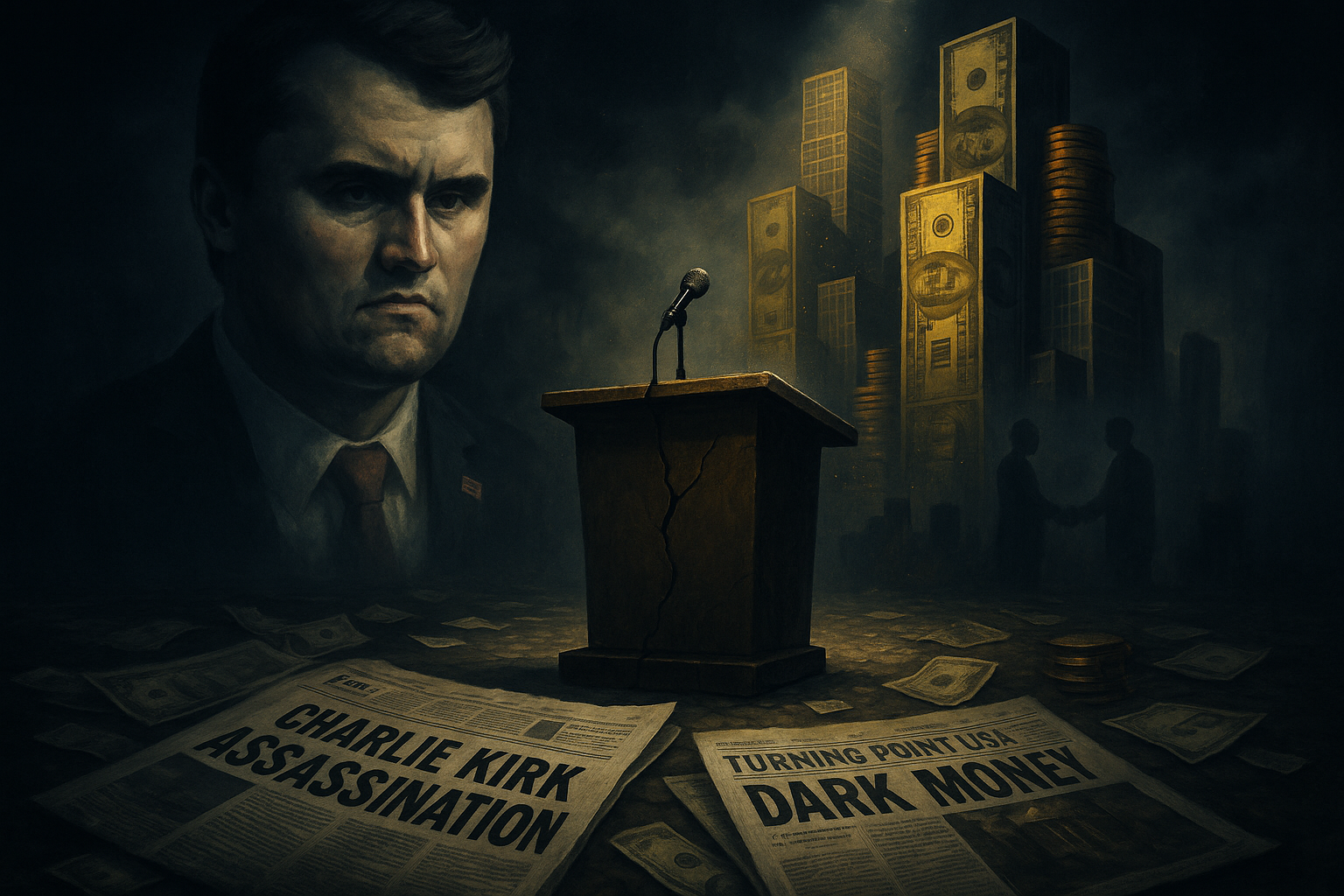 Charlie Kirk standing in front of Turning Point USA’s financial empire with dark money ties